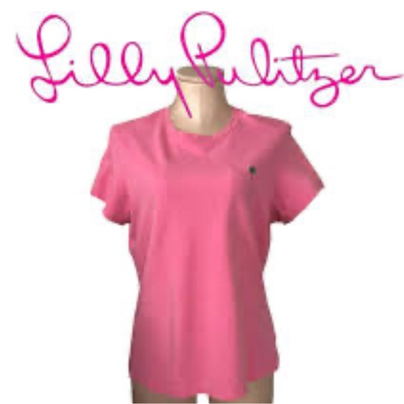 Lilly Pulitzer Short Sleeve Crew Neck Pretty in Pink Palm Tree Logo T-Shirt Top - Picture 1 of 4